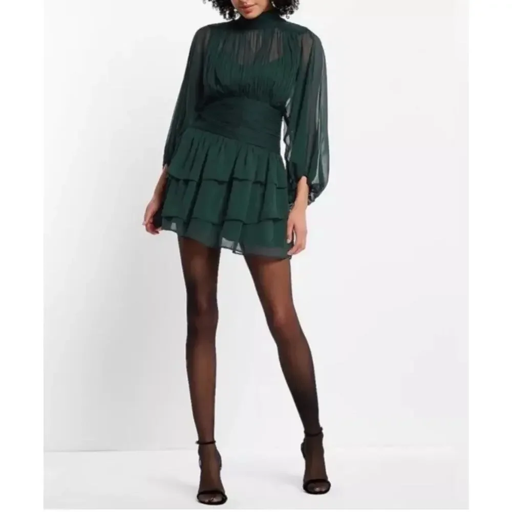 Express Dark Green Long-Sleeve Tiered Midi Dress - Picture 2 of 8